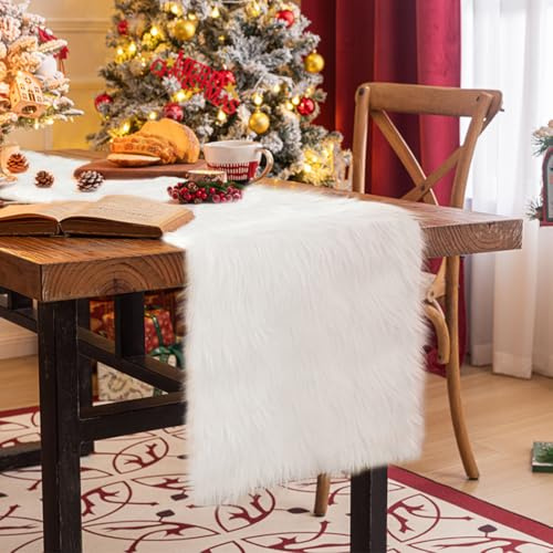 Tischläufer Kunstfell 30 x 80cm, Tischläufer Fell Weiß, Tischdeko Weihnachten, Tischband Dekofell für Weihnachten Hochzeit Winter Esstisch Deko