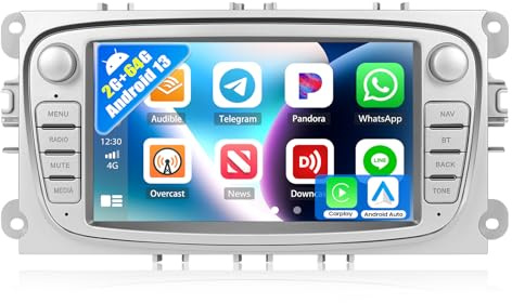 SIXWIN 2GB+64GB Android 13 Autoradio für Ford Focus mk2, Mondeo, C-Max, Galaxy, S-Max, Kuga mit Carplay/Android Auto, 7 Zoll HD Touchscreen Radio mit GPS, WiFi, Bluetooth, RDS/FM (Silber)