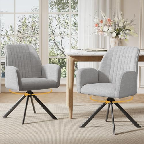Ckaff 2er Set Esszimmerstühle Drehbar mit Armlehne, 360°Drehbar Polsterstuhl Küchenstuhl aus Chenille, Stühle Esszimmer Schminkstuhl Drehstuhl mit Metallbeine für Esszimmer Schlafzimmer, Hellgrau