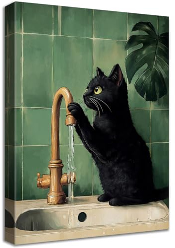 Lustige Schwarze Katze Leinwand Bilder Mit Rahmen Grüne Pflanzen Kätzchen Katze liest Zeitung auf der Toilette Bild Wandbilder Wandkunst Kunstdruck auf Leinwand Malerei Badezimmer WC Wanddekor 30x40cm