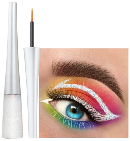 Glitzer Eyeliner Weiß, Flüssiger Schimmer Eyeliner Wasserfest, Wischfest Metallischer Eyelinerstift, Hochpigmentierter White Kajastift, Langlebig Glitter Augen Make Up & Body Art für Gesicht & Körper