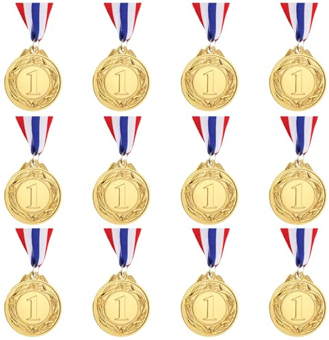 Simpeak 12 Pcs Medallas de Metal de Oro, Medallas de Aleación con Cintas para Niños y Adultos, Premios Ideal para Competiciones Deportivas, Futbol Fiesta, Día del Deporte y Eventos Escolares
