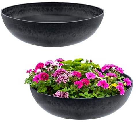 Spetebo Kunststoff Pflanzschale massiv Stein Optik 30 cm schwarz - 2er Set | Premium Blumenschale marmoriert für Außen und Innen - Garten Deko Blumentopf Pflanzgefäß Dekoschale Beton Industrial Look