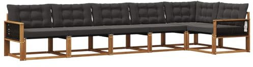 vidaXL Outdoor-Sofagarnitur mit Kissen 6 pcs Natürlich und Schwarz, Garten, modernes Outdoor-Sofa-Set, wetterfest, Bequeme Lounge, langlebige Möbel, Akazienholz-Design