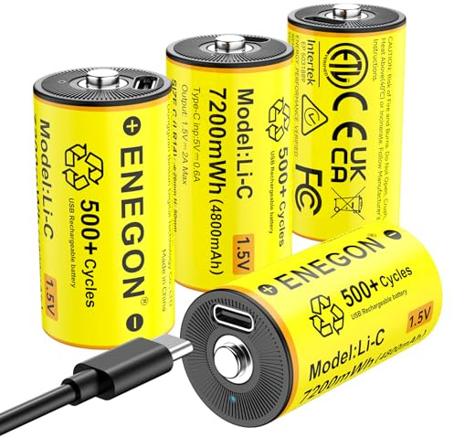 ENEGON 4er Wiederaufladbare C/LR14 Lithium Akkus 1,5V 7200mWh | mit USB-C Schnellladekabel, für CD-Player, Radios, Taschenlampen, Camping-/Notlichter, Kinderspielzeug