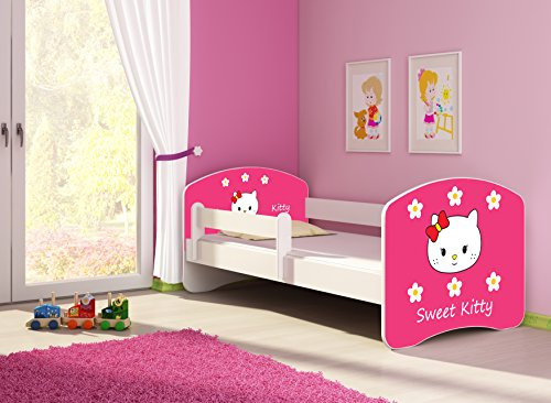 CLAMARO 'Fantasia Weiß' 160 x 80 Kinderbett Set inkl. Matratze und Lattenrost, mit verstellbarem Rausfallschutz und Kantenschutzleisten, Design: 16 Sweet Kitty-2