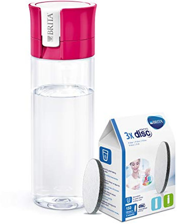 BRITA Wasserfilter-Flasche pink/Praktische Trinkflasche mit Wasserfilter & Wasserfilter MicroDisc 3er Pack, Filter für alle BRITA Trinkflaschen und Karaffen zur Reduzierung von Chlor, Schwarz