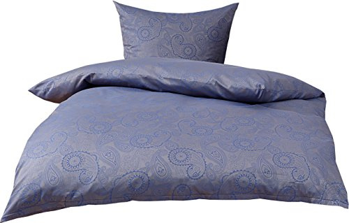 Bettwaesche-mit-Stil Mako Satin Damast Paisley Bettwäsche Garnitur Davos 155x200 + 80x80 blau - grau (Royalblau)