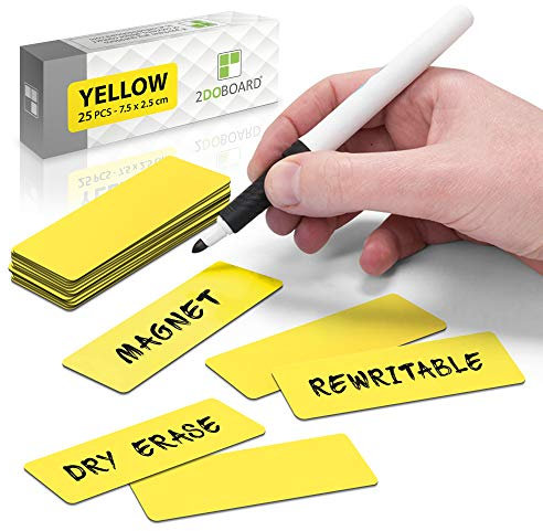 2DOBOARD Magnetstreifen beschreibbar - 7,5 cm x 2,5 cm Gelb - 25 Stück - Magnetschilder zum beschriften – Für Kühlschrank, Whiteboard & Tafel - Magnetetiketten