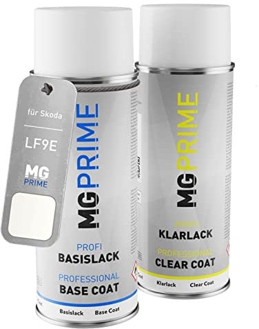 MG PRIME Autolack Sprühdosen Set für Skoda LF9E / 9P Candyweiss/Blanc Cristal Basislack Klarlack Spraydose 400ml