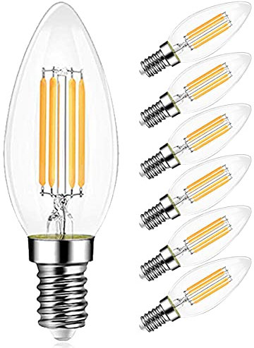 EXTRASTAR Bombilla Led de filamentos vintage E14(Casquillo Fino) - 600 Lúmenes - 3000K luz calida 6W paquete,No Regulable - 6 unidades