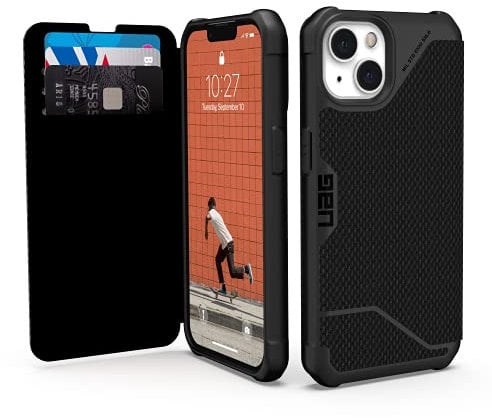 Urban Armor Gear Metropolis Folio Hülle kompatibel mit Apple iPhone 13 [Wireless Charging (Qi) kompatibles Cover, Case mit Standfunktion & Kartenfächern] Kevlar schwarz