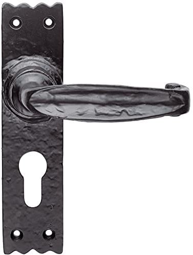 PAIR Creased Style Lever on Slim Euro Lock Backplate - 156 x 38mm- Black Antique | Forged Lever on Backplate Door Handle - Internal Door Hardware - Lock, Euro, Oval and Latch Options Available