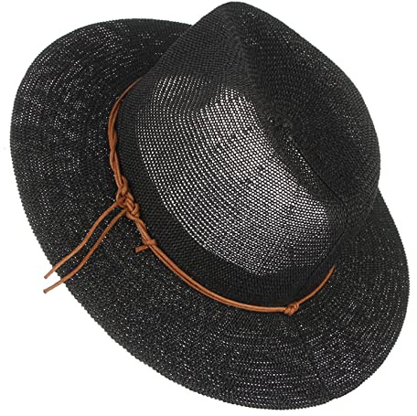 EOZY Men's Summer Straw Panama Hat Unisex Wide Brim Fedora Sun Hat Breathable Beach Straw Jazz Hat with Belt