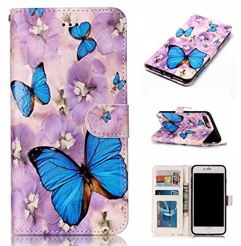 nancencen Gemalte Serie Handyhülle für iPhone 7 Plus / 8 Plus Hülle mit Ständer, Premium PU Leder Brieftasche Schutzhülle [Anti-Kratzer] Flip Case Cover Stoßfeste Klapphülle, Blauer Schmetterling