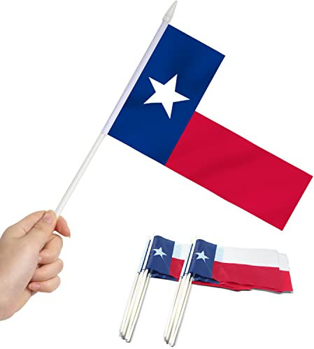 Paquete de 12 mini banderas de Anley Texas State – Banderas de mano pequeñas en miniatura TX Lone Star en palo – colores vivos – 5x8 pulgadas con poste sólido y parte superior de lanza