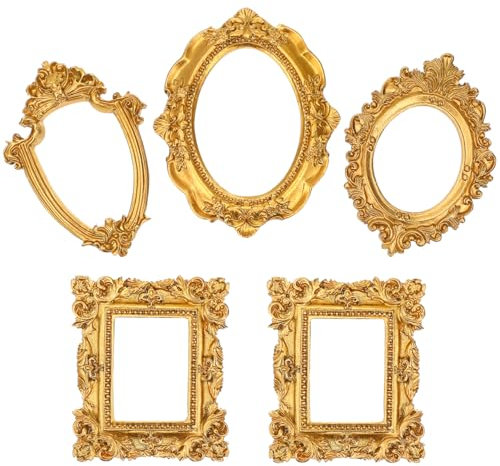 Amosfun 5pcs Mini Resin Photo Frame, European Baroque Picture Frame for Dollhouse Decoration, Antique Mini Gold Frames Vintage Frame for Craft (Random Style)