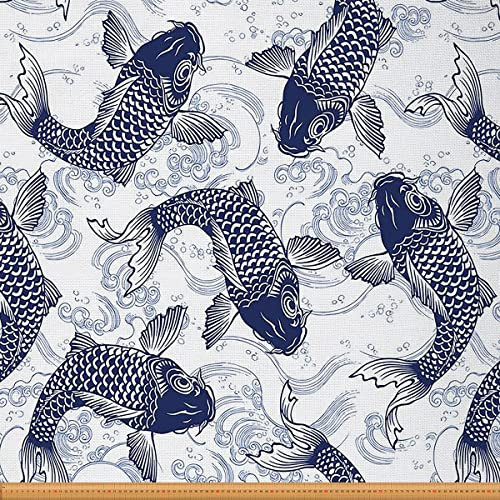 Japanischer Koi Stoff Meterware Ozeanwellen Polsterstoff für Stühle Hokusai Ukiyoe Exotischer Karpfenfisch Meeresmeer Dekorativer Wasserdichter Draussen Stoff Blau Weiß 184 x 150 (HxB)