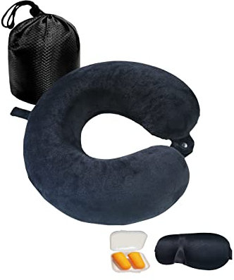 NavoX Cuscino da viaggio Cuscino collo in memory foam Cuscino di supporto, Maschera per dormire/tappo per le orecchie/sacchetto, confezione rapida compatta e leggera per campeggio,voli (nero)