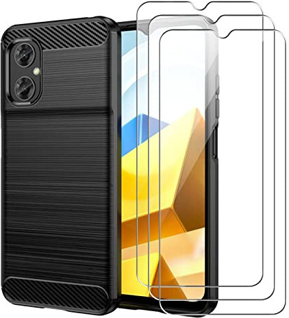 GEJEFA Funda para Xiaomi Poco M5 + Protectores de Pantalla in Cristal Templado, Resistente Funda TPU Protectora e Anti-Scratch Blando Funda, Negro