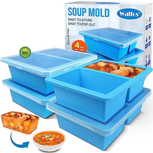 Walfos Silikon-Suppen-Gefrierschrank-Behälter mit Deckel, extra große 1-Tasse-Suppen-Gefriertablett für Suppe, Soße und Eis, 4 Packungen