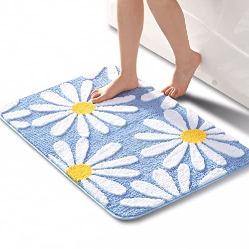 QJHOMO Blau Badezimmerteppich Niedliche Gänseblümchen Badematte rutschfest Waschbar Badteppich Weiße und Gelbe Blume Badvorleger Weiche Duschvorleger Absorbierende Badezimmer Teppich 60x90 cm