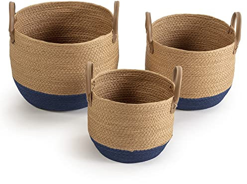 HOMN LIVING Set mit 3 Körben aus Naturfaser mit Griffen, Blau/Natur