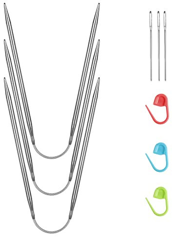 HOTUT Edelstahl Rundstricknadeln,3PCS Metall Rundstricknadeln 23 cm mit 3 Handnähnadel und 3 Nähen Stricken Locking Stitch,Rundstricknadel für Socken,Ärmel und Handschuhe-4cm