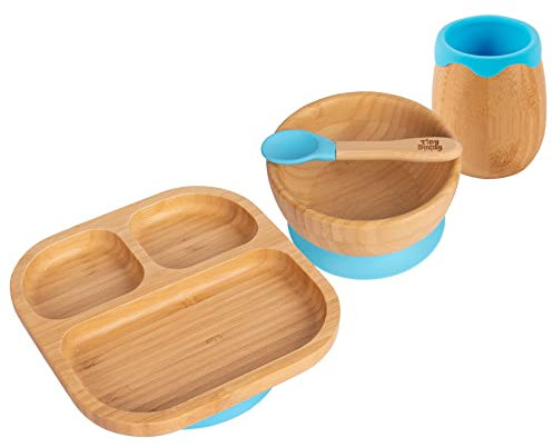 Tiny Dining Baby Feeding Set - Divided - Blue - 4pc - Divided Non-Slip Bamboo Self-Feeding Weaning Plate, Bowl, Drinking Cup & Spoon for Babies, Toddlers, Children