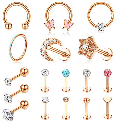 MILACOLATO 17Pcs Cartilage Earrings Hoop Studs for Women Piercing CZ Opal Stainless Steel 16G Labret Flat Back Earrings Daith Tragus Helix Earrings Rose Gold