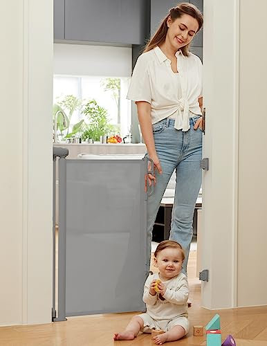 Momcozy Automatischer Verriegelung Treppenschutzgitter Ausziehbar für Baby, Haustier Türschutzgitter, Kinderschutzgitter, Einhändig Öffnen,0-140 cm, Geeignet für Treppen/Türen/Innen & Außen