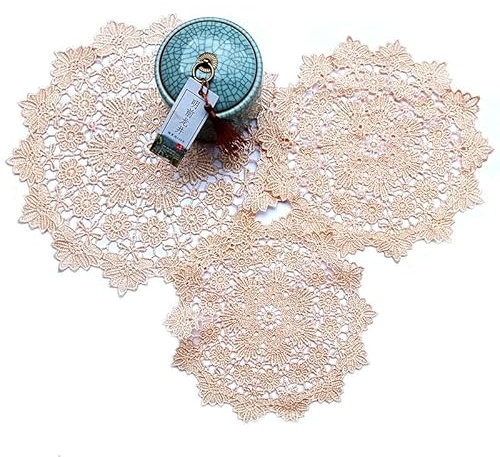 4 Stück Spitze Runde Gestickte Tischläufer,Handarbeit Geklöppelt Beige Spitze Tischläufer Untersetzer Häkeln Tischläufer Spitzendeckchen Platzdeckchen Tischdecke für Tassen, Vasen, Tischsets 20CM
