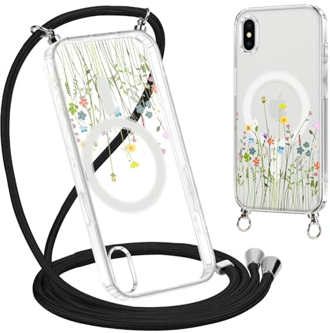 Yoedge Handyhülle Handyband für iPhone X/XS 5,8 Hülle mit Band,Transparent Magnetisch Case Kompatibel mit Magsafe,Silikon Stoßfest Kordel zum Umhängen Schutzhülle mit Aesthetic Muster 1-Blumen