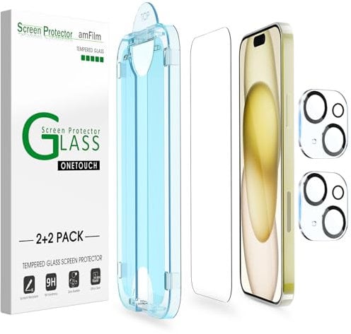 amFilm OneTouch 2+2 Pack Compatible with iPhone 15 Screen Protector 6.1 Tempered Glass and Camera Lens Protector, Premium Easiest Installation Kit 9H, Case Friendly Anti-Scratch HD