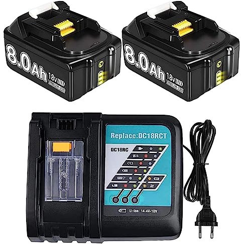 Qinycon 2 Stück Ersatzakku für Makita Akku 18V 8000mAh BL1860B BL1860 BL1850B BL1840B BL1830 + DC18RC 3A Schnelles Ladegerät für Makita Akku 14.4V ~ 18V DC18RA DC18RD DC18RF