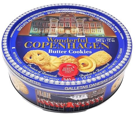 Danish Butter Cookies 340g (12 Ounce) with 32% Butter Content - in Wonderful Copenhagen Tin with Embossed Lid by Jacobsens of Denmark - Traditional Biscuit Tin Gift