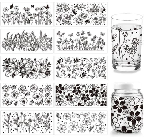 arricraft 10 Blatt UV DTF Cup Wrap, Blumenblätter, Schwarze Transferaufkleber Für Glas, PVC, Wasserfest, Pflanzenthema, Rubbelaufkleber Für DIY-Flasche, Tasse, Laptop, Holzdekor