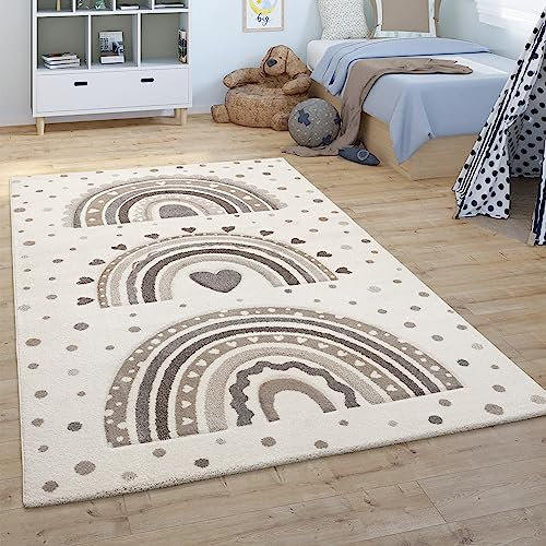 Paco Home Kinderteppich Kinderzimmer Teppich Kurzflor Junge Mädchen Herz Punkte Beige Creme, Grösse:120 cm Rund