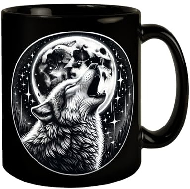 Heulender Wolf Tasse in Schwarz Mystische Nachtkreatur im Mondschein Heulender WolfTasse Wildtier-Motiv Mond Tier Liebhaber Ideal für Nachtowls
