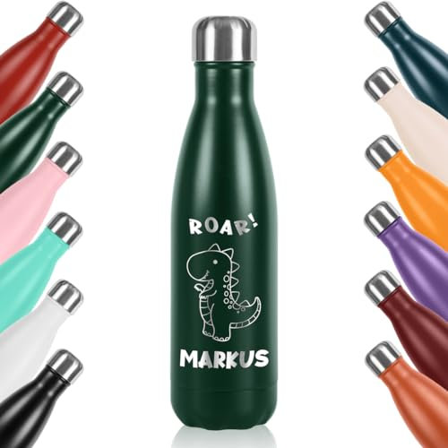 polar-effekt Kinder Trinkflasche aus Edelstahl 500 ml mit Gravur - isolierte Flasche für Wasser, Saft und Tee - Thermo Wasserflasche - BPA-Frei - Farbe Dunkelgrün