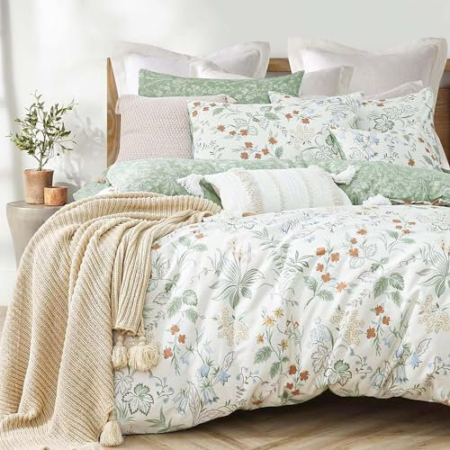 Lanqinglv Bettwäsche 220x240cm Grün Weiß Blätter Blumen Muster Pflanzen Wende Bettwäsche Set Bunt Microfaser Renforce Bettbezug mit Reißverschluss und 2 Kissenbezug 80x80 cm
