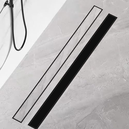 Duschrinne 60 cm, Edelstahl Schwarz Ablaufrinne Komplettset Extra flache befliesbare Duschrinne mit Haarsieb, Geruchsstop und 360° Drehbar Siphon