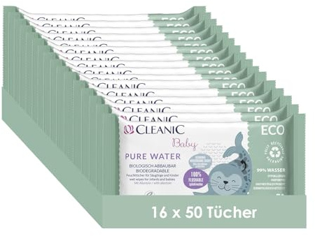 Cleanic Baby Eco Pure Water Feuchttücher – (16x50 Stück) Feuchttücher für Kinder und Säuglinge – parfümfrei, spülbar, empfindliche Haut – 800 Stück