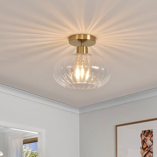 Pageone Modern Gold Deckenleuchte Glas Flur, E27 Glas Deckenlampe mit Klar Lampenschirm Glas, Ø25cm Küchenlampe Decke, Deckenleuchte Glas Rund für Schlafzimmer Badezimmer, 1 Flammig (Gold)