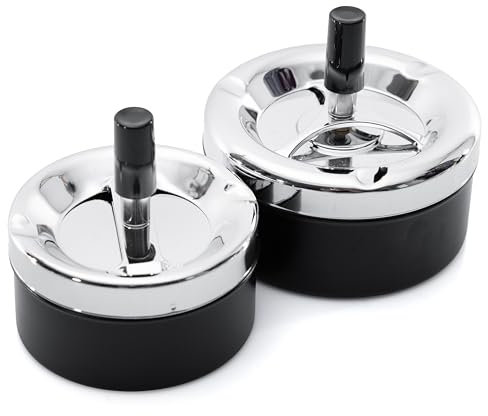 Großer Drehaschenbecher mit Drehknopf Aschenbecher für draußen mit Drehdeckel 2er Set Windaschenbecher (Chrom Schwarz)