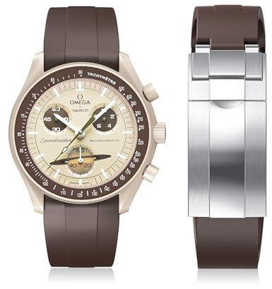 REBANDACE Uhrenarmband für Moonswatch, zuschneidbar, keine Lücken, Silikonband für Omega X Swatch Speedmaster Moonswatch 20 mm weiche gebogenes Ersatzband für Swatch Omega, Herren und Damen (Braun)