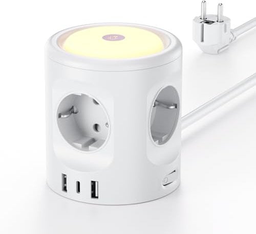 Torre Regleta Enchufes 16A con Luces LED Nocturnas 3 Modos de Iluminación, Cubo Regleta Enchufes con USB Alargador Enchufe 2M, Ladron Enchufes con Interruptor para Casa Oficina Enchufe Regleta