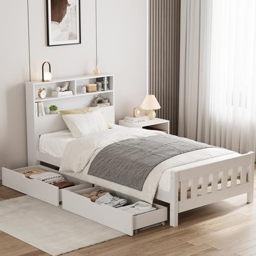 Aptliton Wooden Solid Bed Frame with Drawers, Single White Pine Storage Bed Furniture for Adults, Kids, Teenagers 3ft (White 190x90cm)