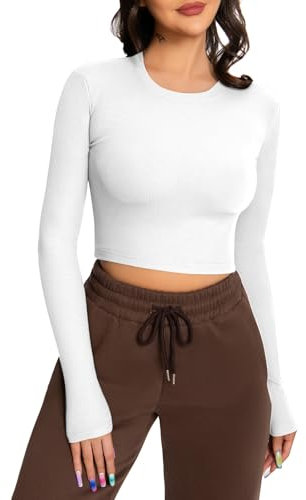 EBANKU Womens Long Sleeve Crop Tops Crewneck Ribbed T-Shirt Slim Fit Casual Basic Tops White