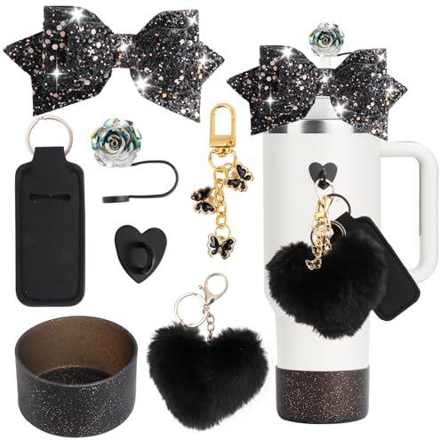 FIDWALL 7PCS Accessories Set Compatible with Stanley 40oz Cup, Includes Rose-Shaped Straw Covers, Glitter Silicone Boot, and Romantic Charms – Stylish and Practical Accessories for Couples (Black)